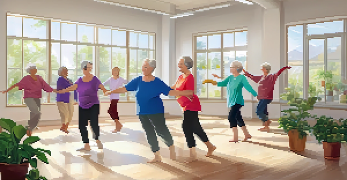 A group of elderly individuals joyfully participating in a dance therapy class in a bright studio, guided by a dance therapist.