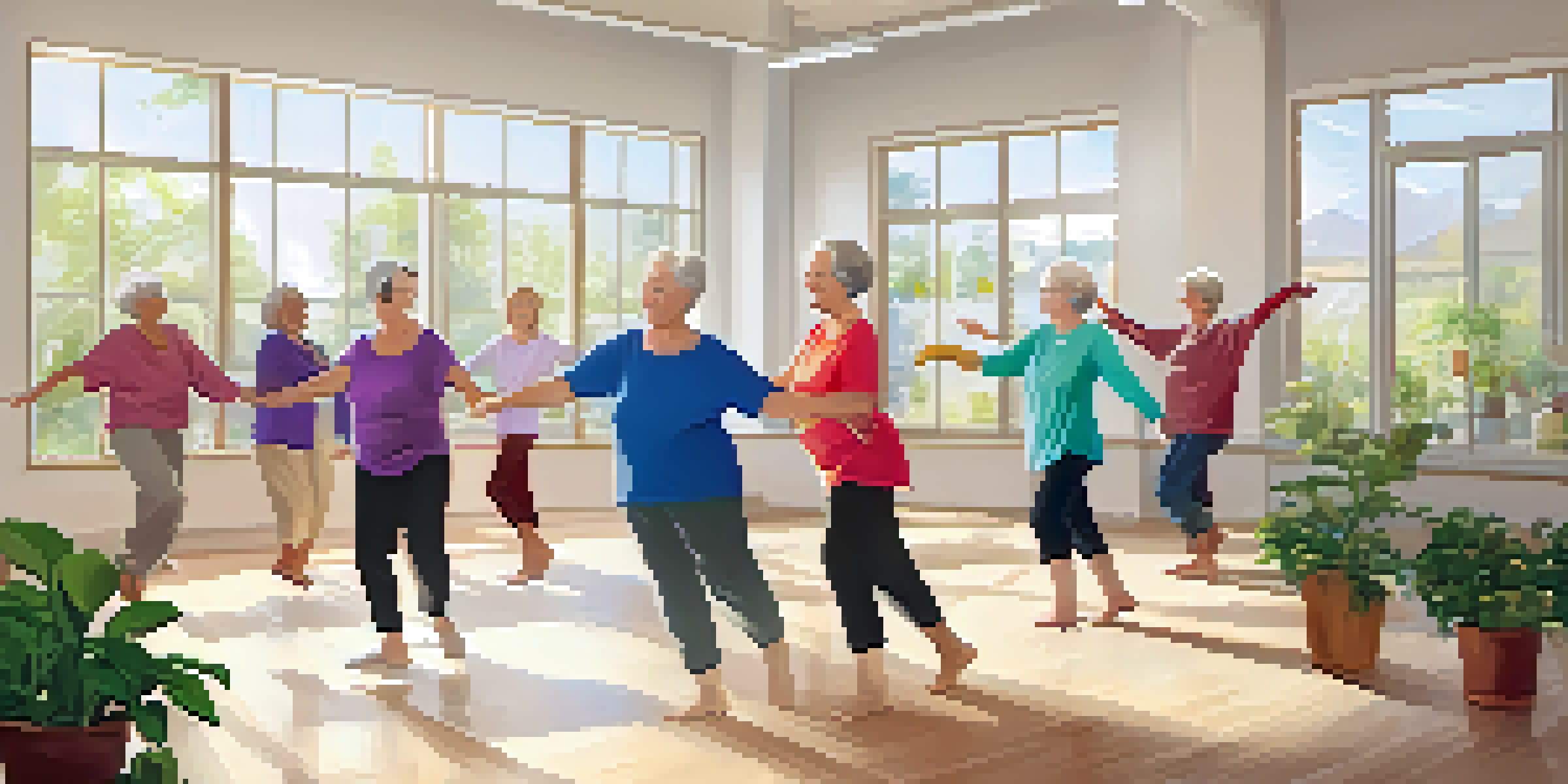 A group of elderly individuals joyfully participating in a dance therapy class in a bright studio, guided by a dance therapist.