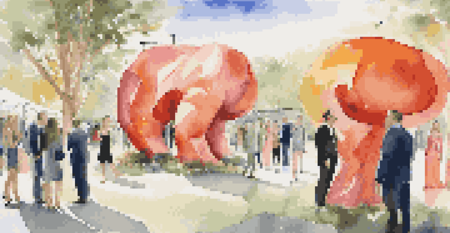 A vibrant outdoor art installation with colorful sculptures and elegantly dressed guests at a luxury brand event.