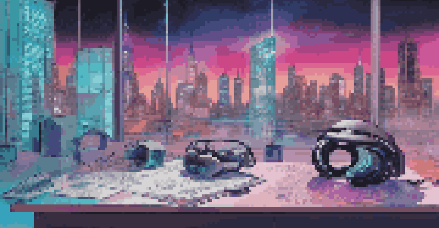 A futuristic digital space showcasing technology in art criticism with a VR headset and tablet.