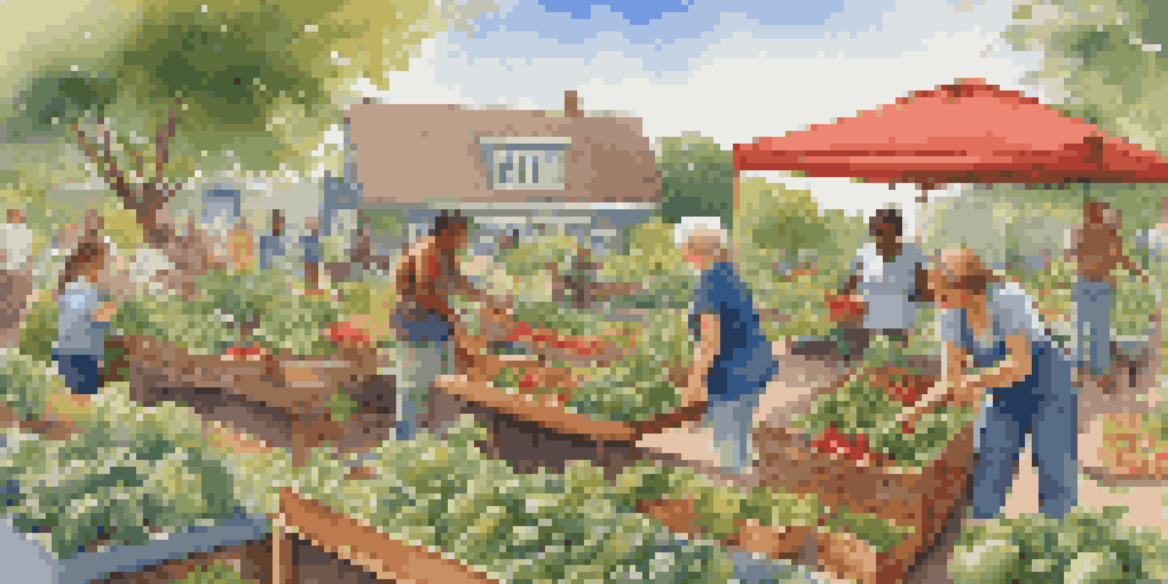 A diverse group of people harvesting vegetables in a colorful community garden under a clear blue sky.