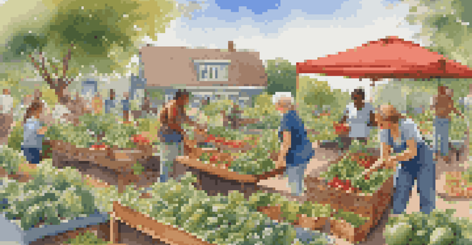 A diverse group of people harvesting vegetables in a colorful community garden under a clear blue sky.