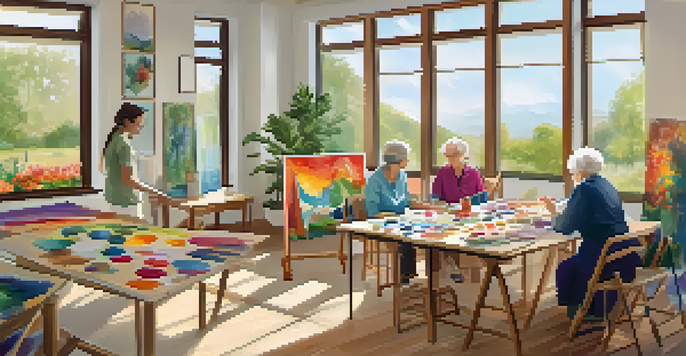 Elderly individuals participating in an art therapy session, painting and sharing their artwork in a bright room filled with natural light.