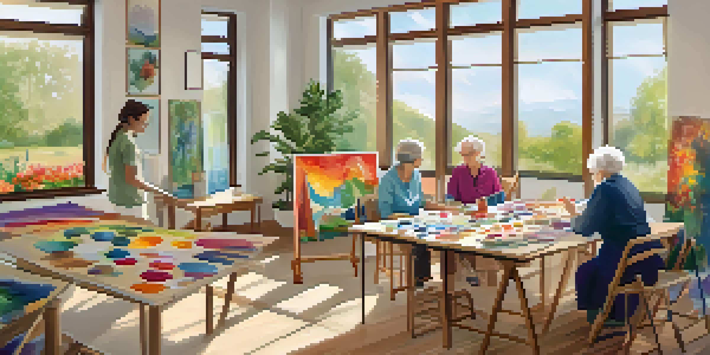 Elderly individuals participating in an art therapy session, painting and sharing their artwork in a bright room filled with natural light.