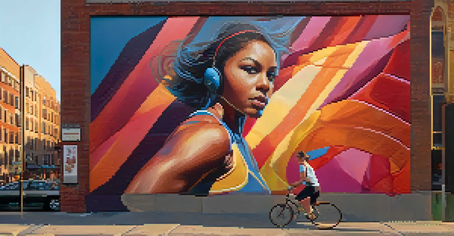 A vibrant mural of a female wrestler in action, set against a lively street scene at sunset.
