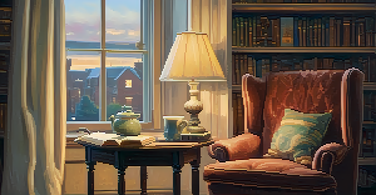 A comfortable reading nook with an armchair, books, a cup of tea, and a rainy window view.