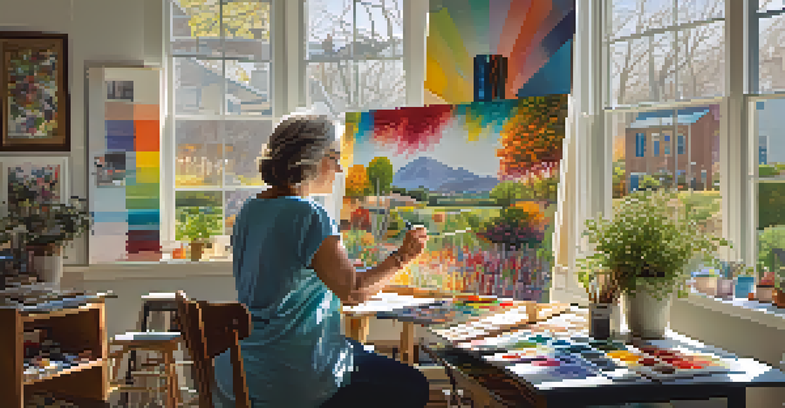 A local artist creating a colorful painting in her bright studio, surrounded by art supplies and inspiring decor.