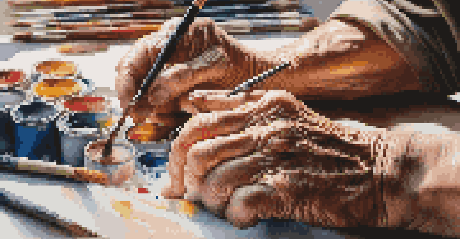 Close-up of aged hands painting on a canvas, surrounded by colorful paint tubes and brushes, depicting a creative workspace.