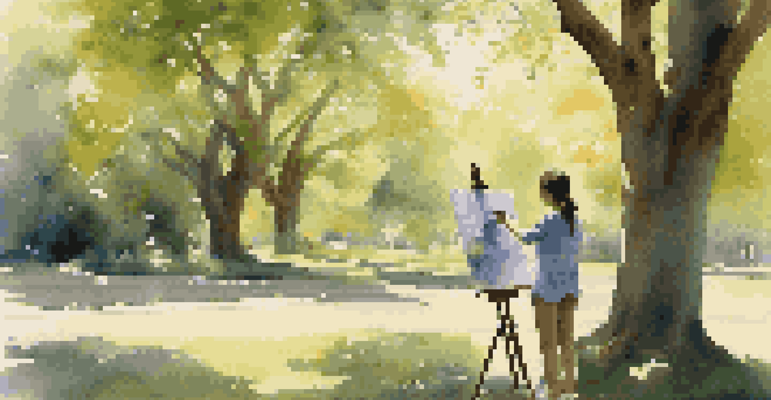 A student painting a landscape on an easel in a sunlit park, showcasing creativity and tranquility in nature.