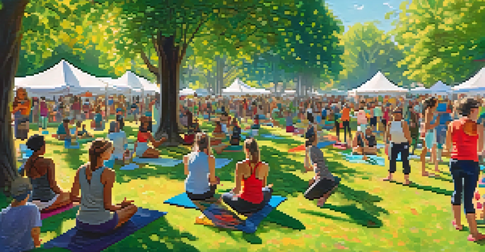 A lively art festival with people doing yoga, painting, and enjoying food under the trees, with colorful art installations all around.