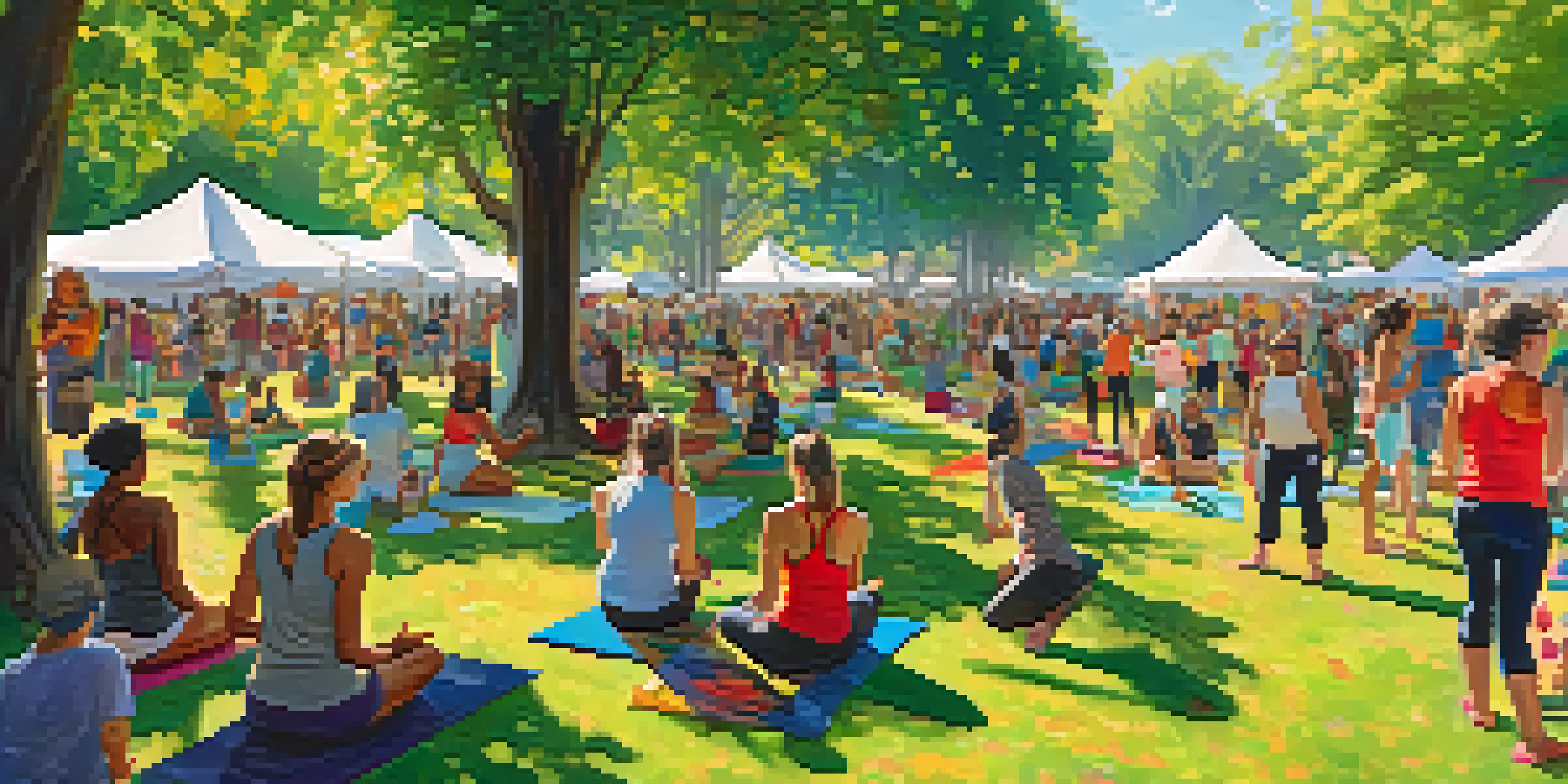 A lively art festival with people doing yoga, painting, and enjoying food under the trees, with colorful art installations all around.
