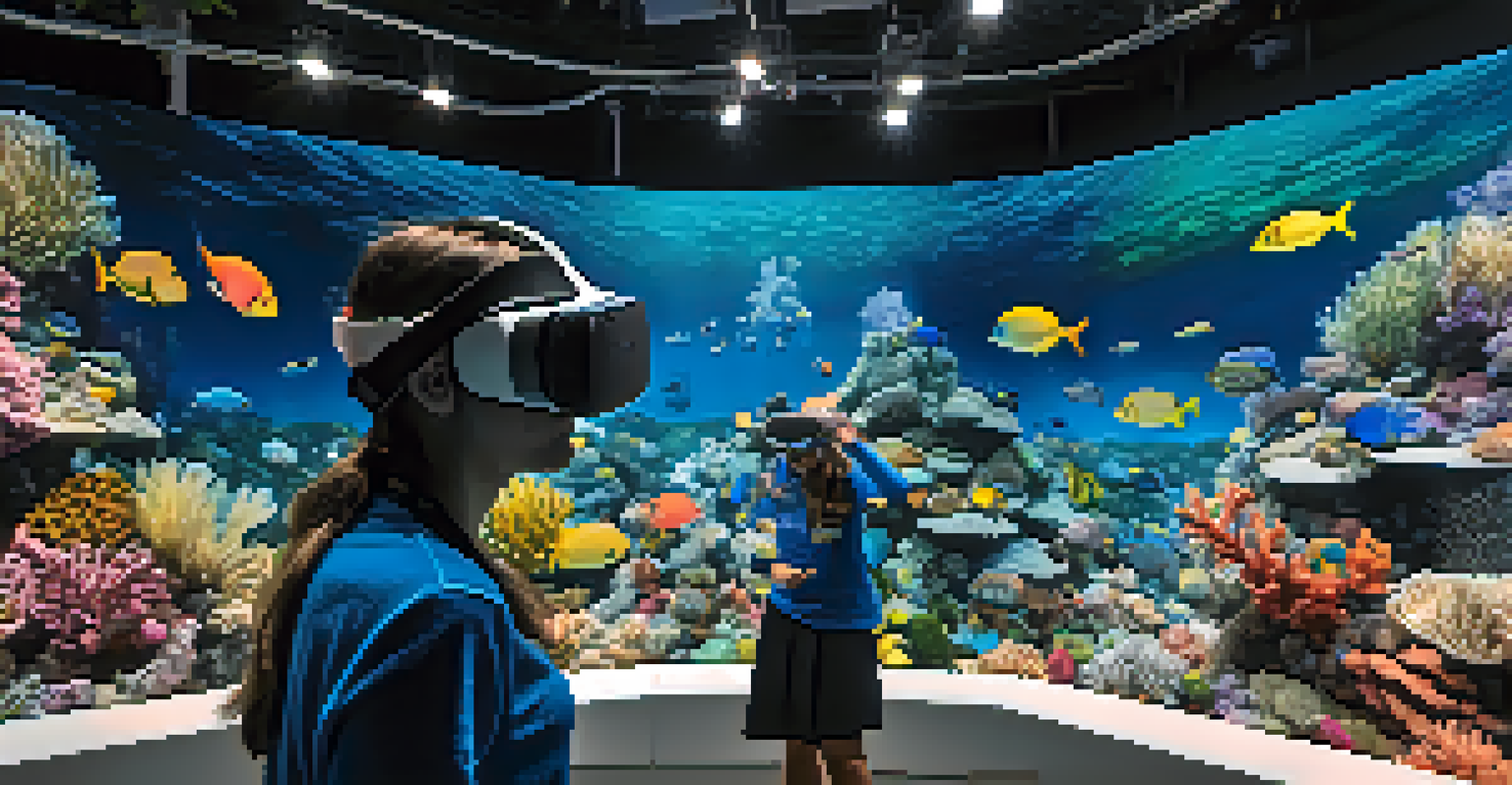A virtual reality scene with vibrant coral reefs and marine life, showing both beauty and degradation, with people experiencing it through VR headsets.