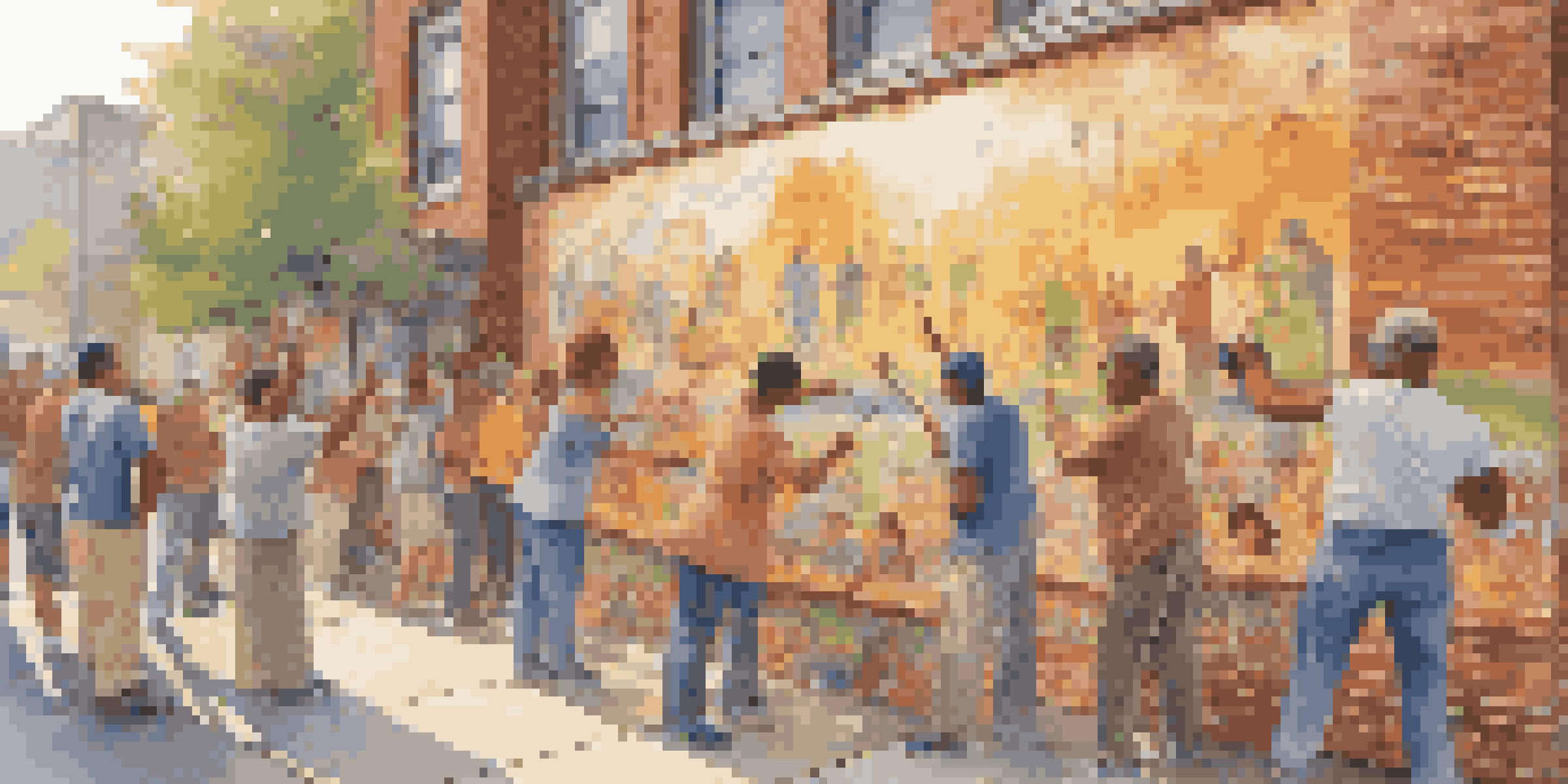 A lively mural painting event with diverse artists collaborating and sharing their cultural stories on a brick wall, illuminated by warm sunlight.