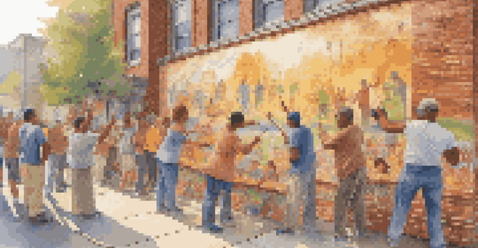 A lively mural painting event with diverse artists collaborating and sharing their cultural stories on a brick wall, illuminated by warm sunlight.