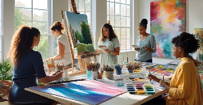 A peaceful art therapy session with a diverse group of individuals focused on painting, surrounded by colorful art supplies in a well-lit room.