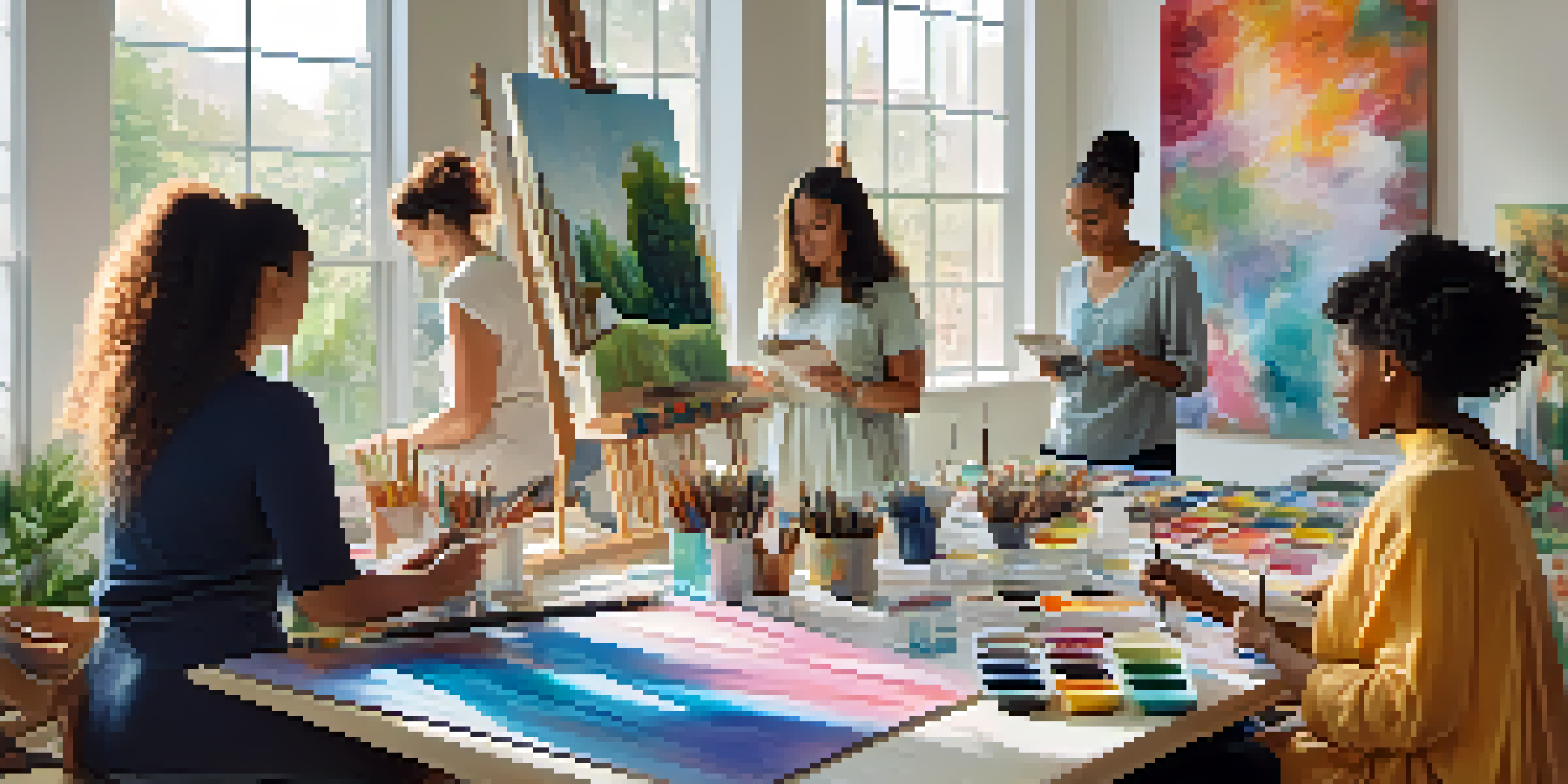 A peaceful art therapy session with a diverse group of individuals focused on painting, surrounded by colorful art supplies in a well-lit room.