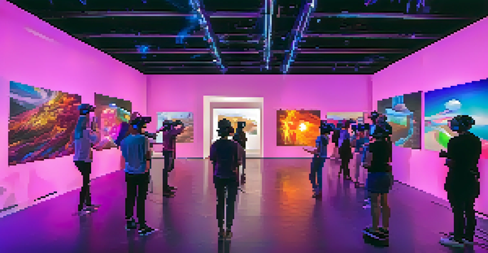 A futuristic art gallery filled with colorful digital art installations and attendees wearing virtual reality headsets.