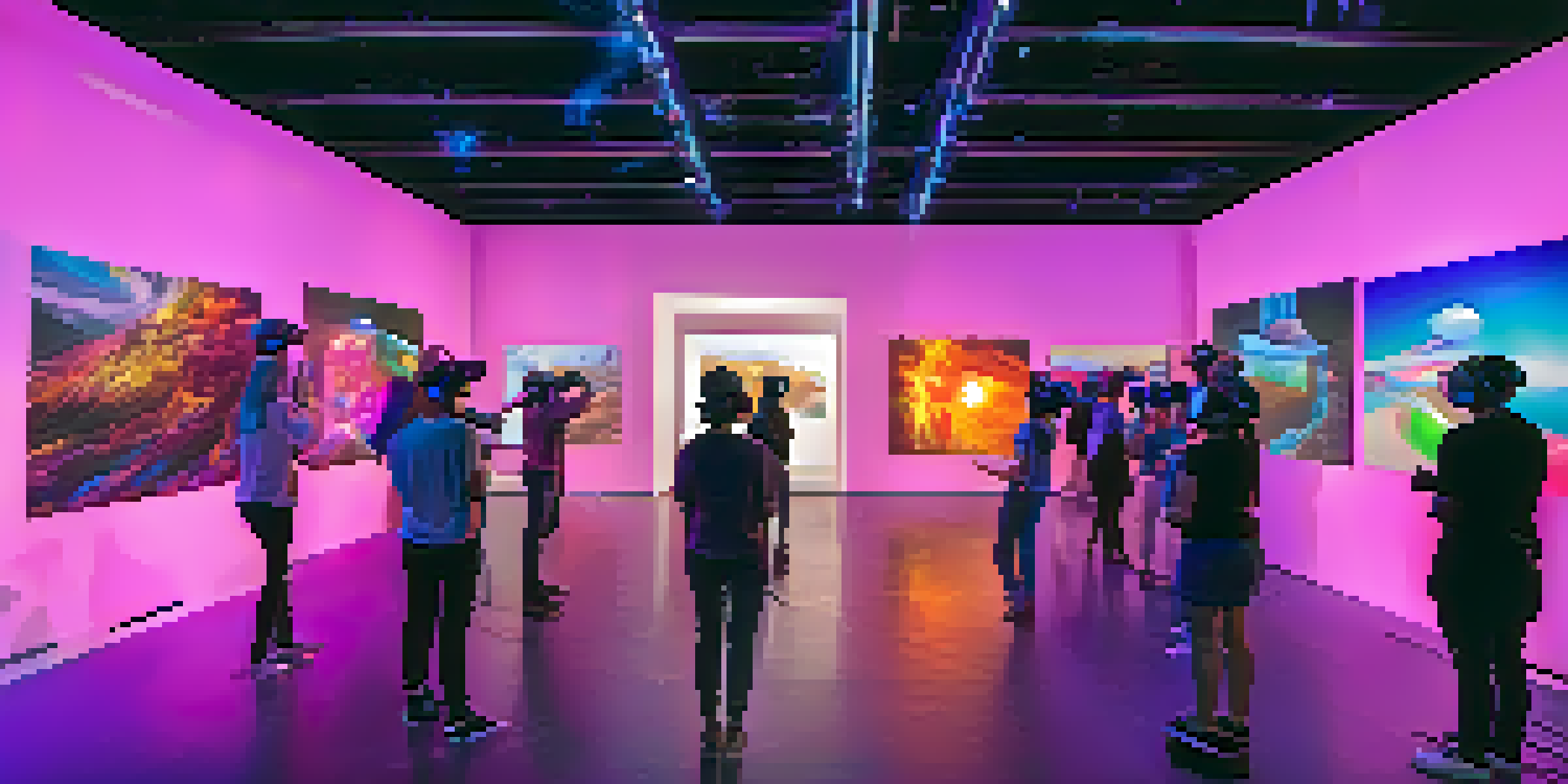 A futuristic art gallery filled with colorful digital art installations and attendees wearing virtual reality headsets.