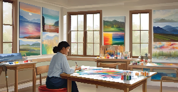 An art therapy room filled with natural light, featuring a young woman painting a landscape at a table surrounded by art supplies.