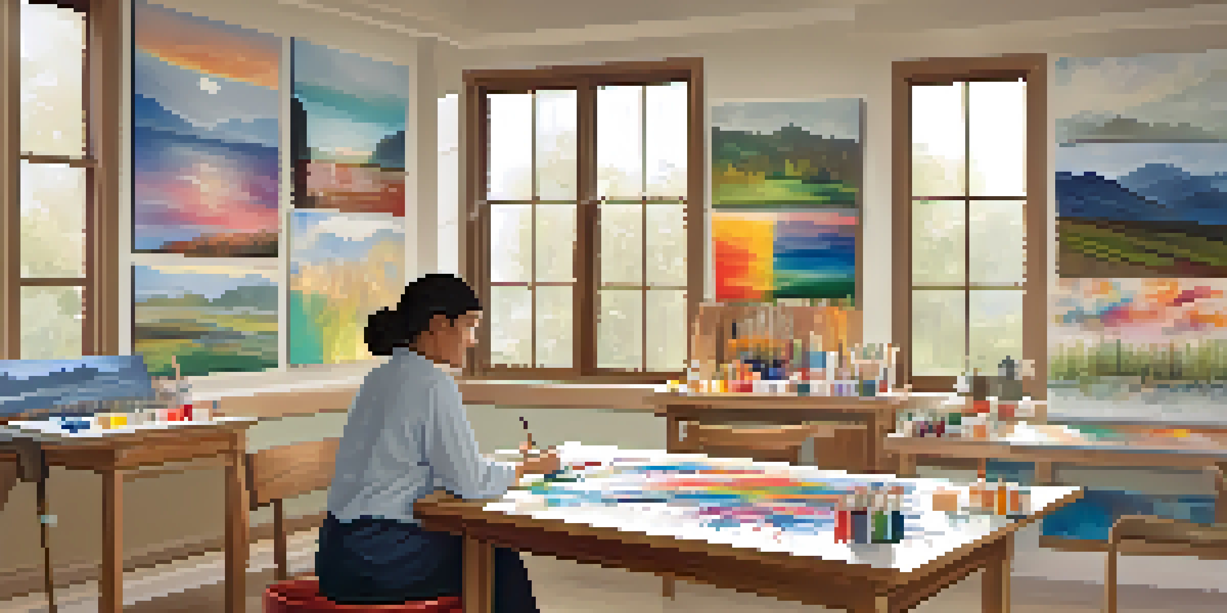 An art therapy room filled with natural light, featuring a young woman painting a landscape at a table surrounded by art supplies.