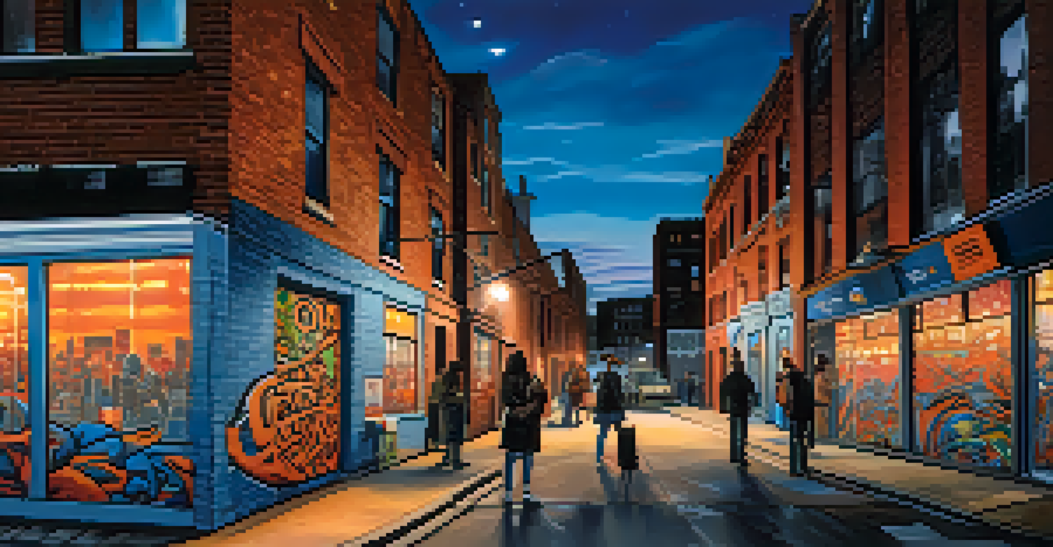 A cityscape at dusk featuring colorful street art on brick walls, with artists painting and soft street lights illuminating the scene, showcasing creativity and collaboration.