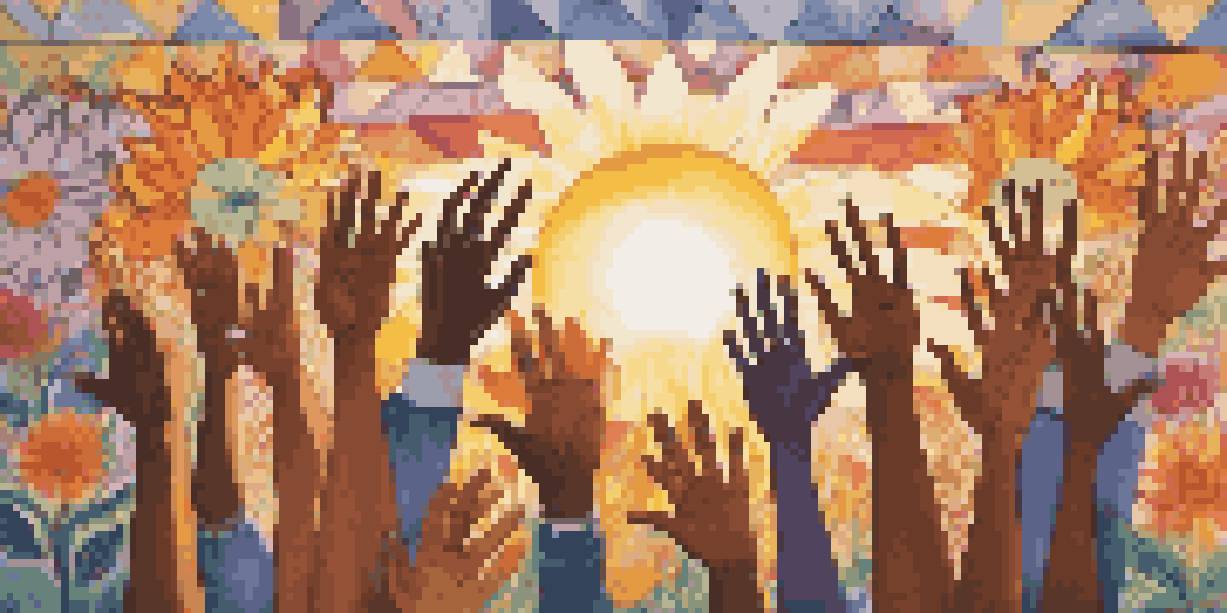 A colorful mural showing diverse hands raised in solidarity surrounded by flowers, with a sunset background conveying a sense of community and hope.