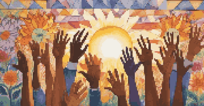 A colorful mural showing diverse hands raised in solidarity surrounded by flowers, with a sunset background conveying a sense of community and hope.