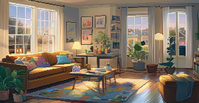 A family engaged in a creative art night, painting on a large canvas with art supplies around them in a warmly lit living room.