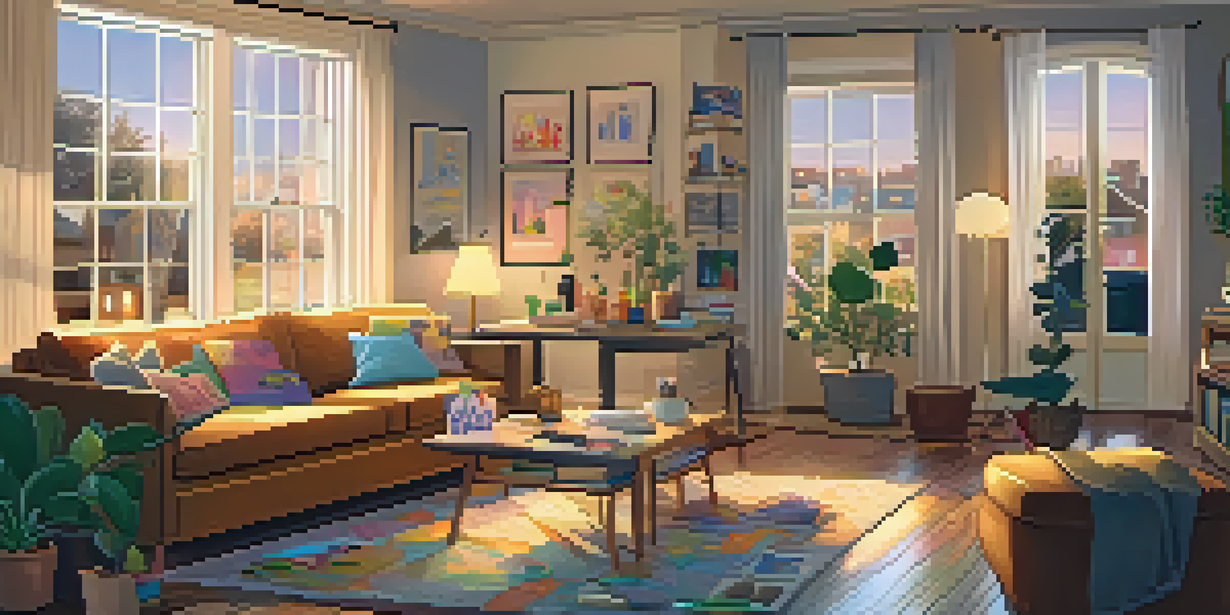 A family engaged in a creative art night, painting on a large canvas with art supplies around them in a warmly lit living room.