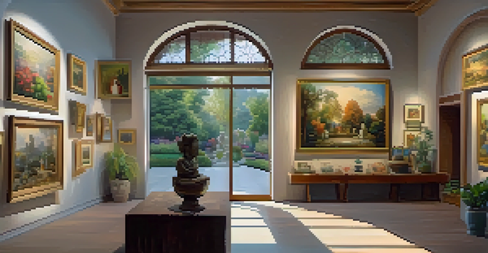 An art gallery with diverse artworks and visitors interacting, illuminated by warm lighting and a view of a garden outside.