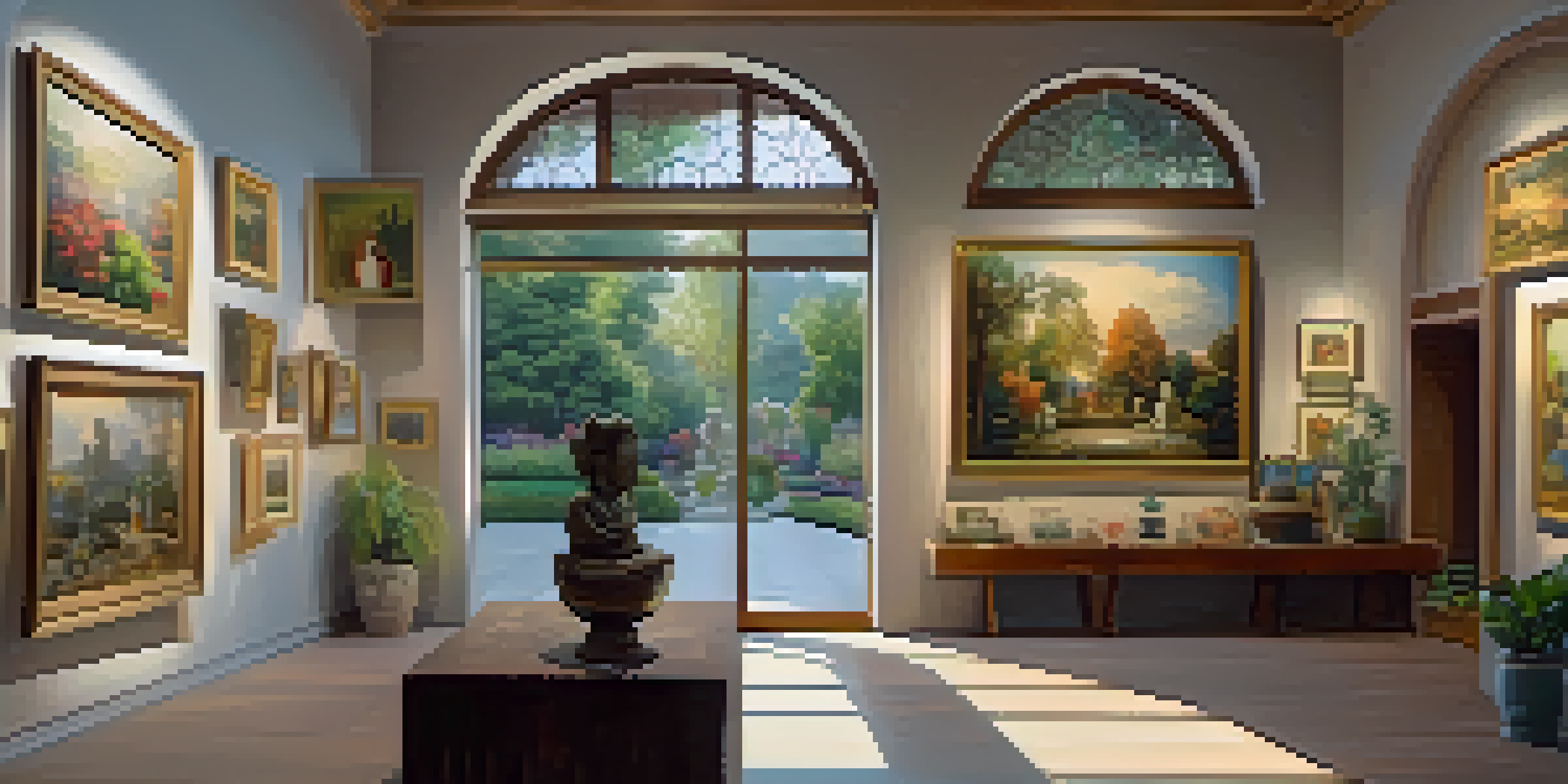 An art gallery with diverse artworks and visitors interacting, illuminated by warm lighting and a view of a garden outside.