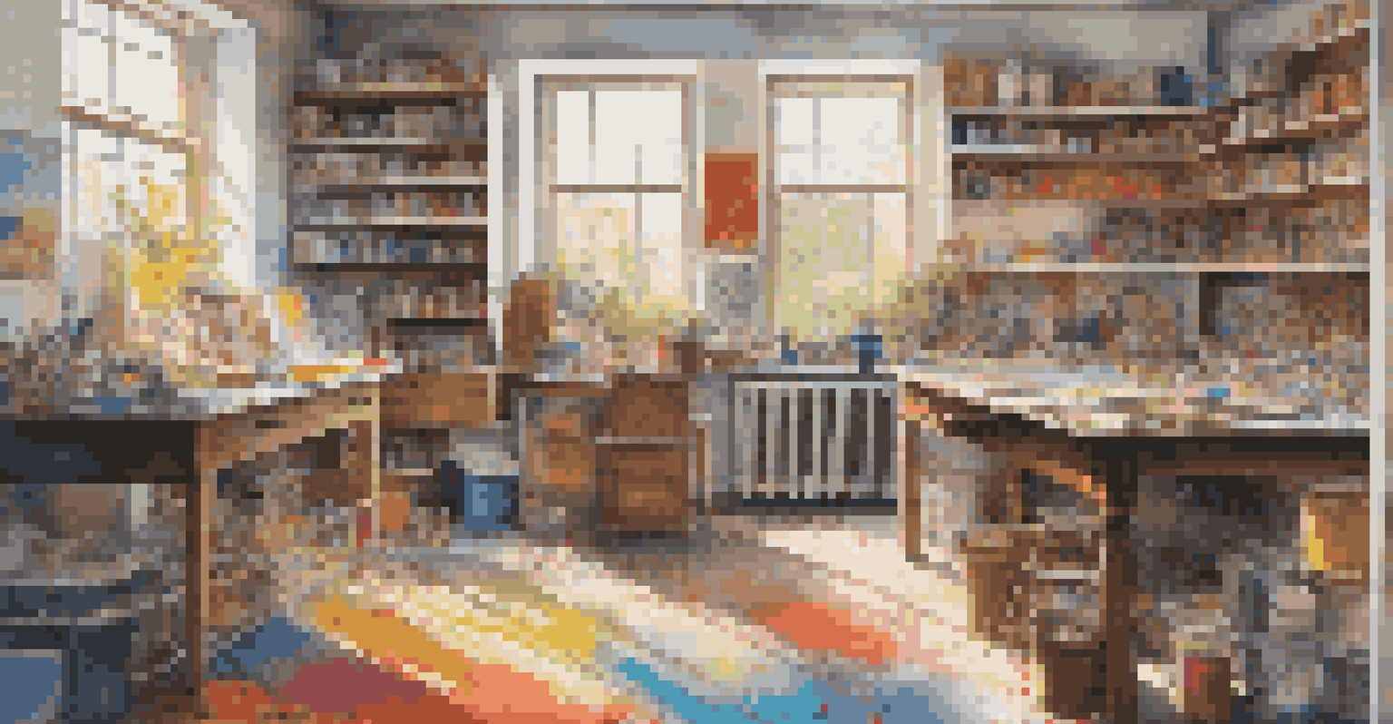 An artist's studio showcasing colorful artworks and a canvas, with natural light illuminating the creative space.