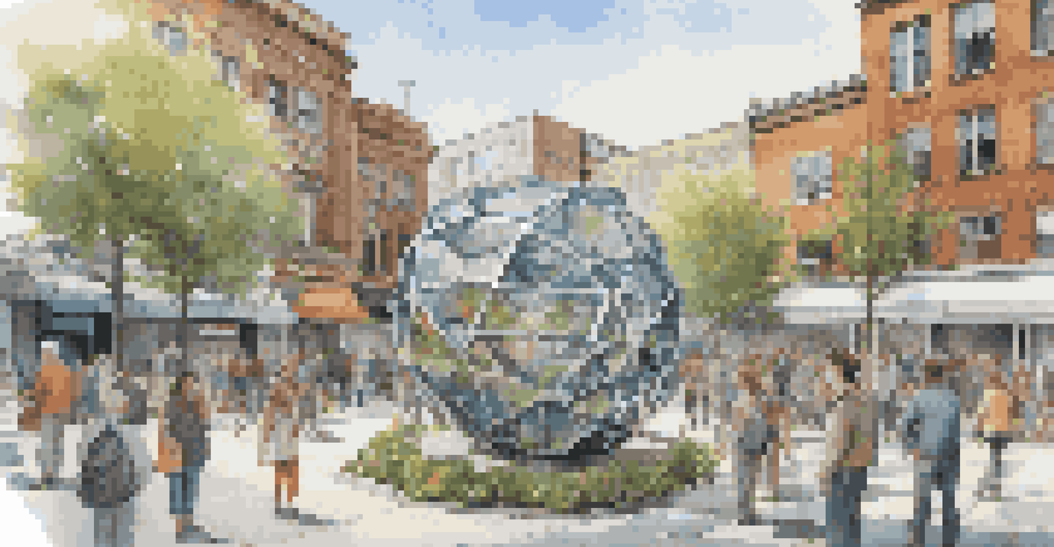 A large sculpture in an urban setting, depicting hope and resilience, with people gathered around it.