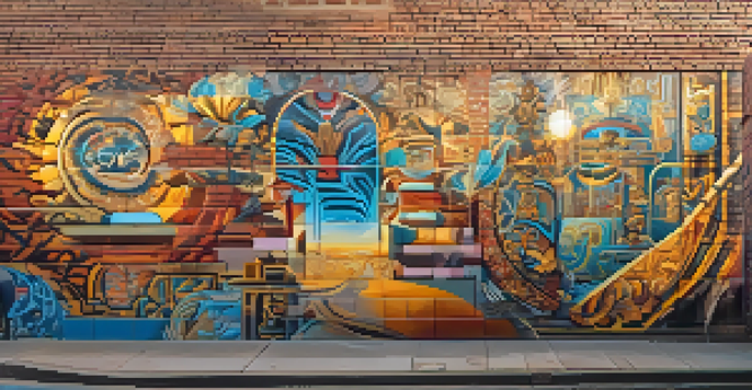 A colorful street art mural that combines traditional cultural motifs with modern graffiti styles, illuminated by warm sunlight.