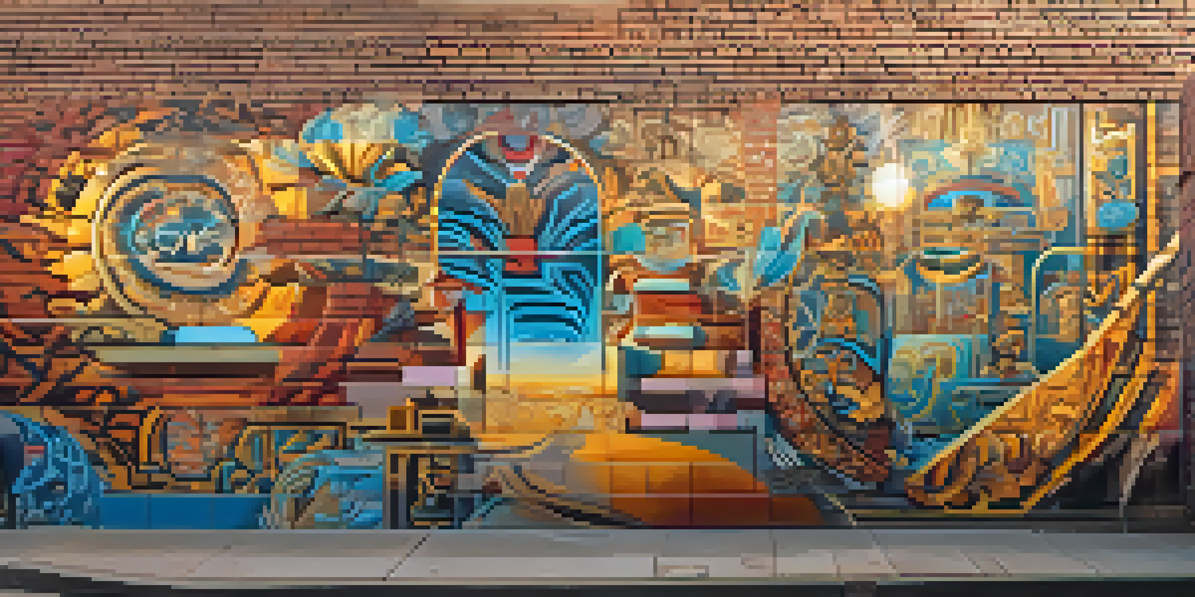 A colorful street art mural that combines traditional cultural motifs with modern graffiti styles, illuminated by warm sunlight.
