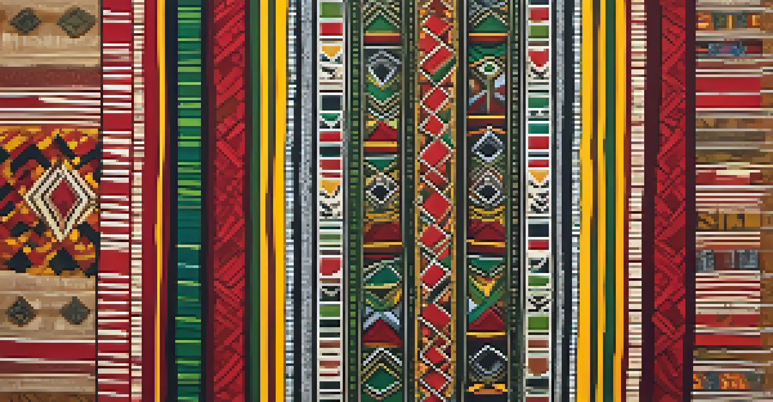 A colorful African textile featuring geometric patterns in red, yellow, and green, reflecting cultural heritage.