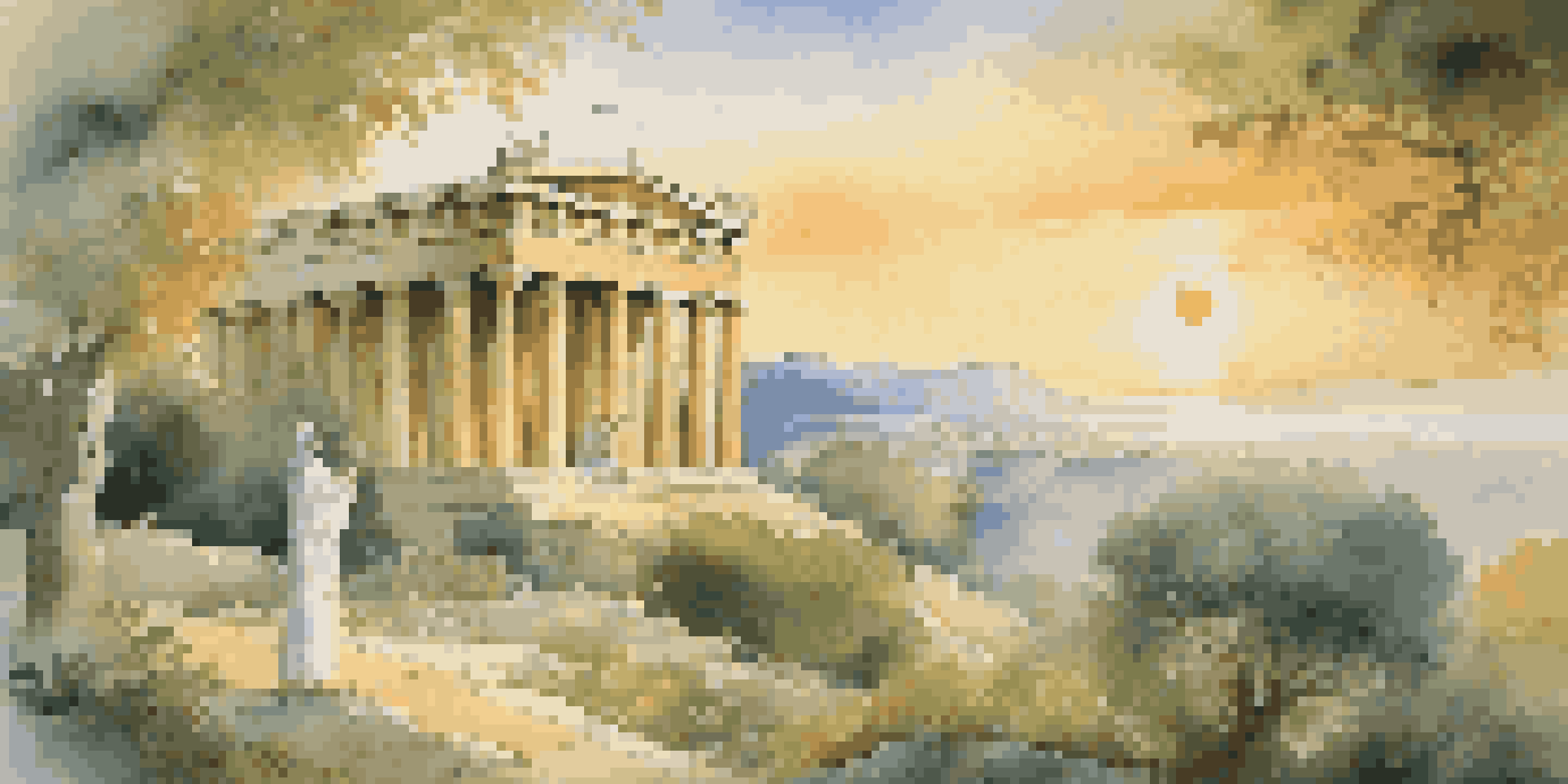 A picturesque view of a Greek temple amid greenery at sunset, with a robed figure reading a scroll in the foreground.