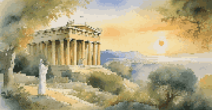 A picturesque view of a Greek temple amid greenery at sunset, with a robed figure reading a scroll in the foreground.