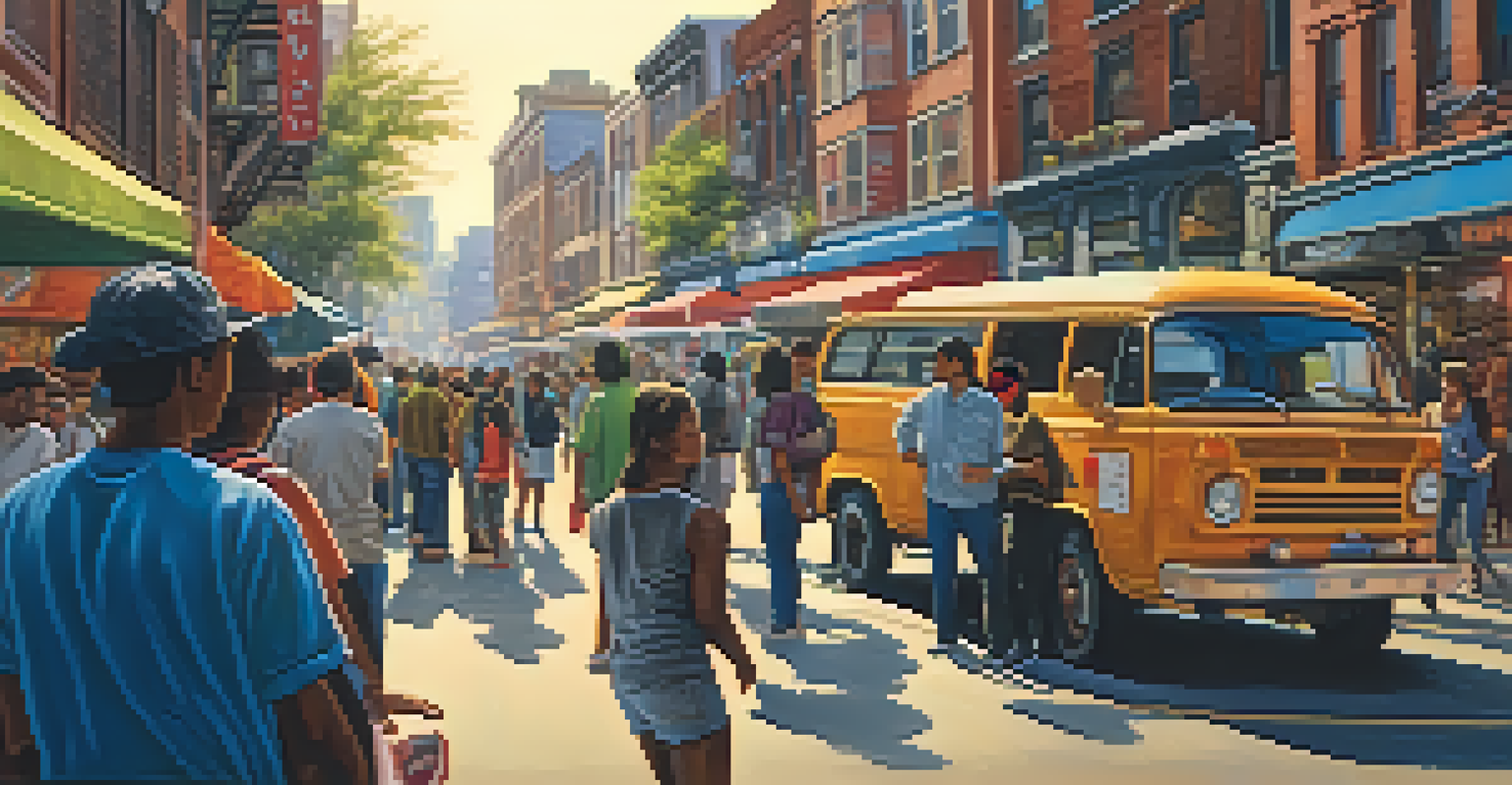 A lively urban street scene with people admiring a large mural depicting cultural heritage, enhanced by the warm glow of early evening light.