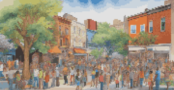 A diverse group of people standing in front of a colorful mural that represents local legends and cultural symbols, with bright daylight and flowers in the foreground.