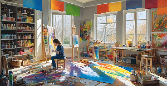 A colorful art studio with a child finger painting on a canvas, surrounded by art supplies and sunlight streaming in.