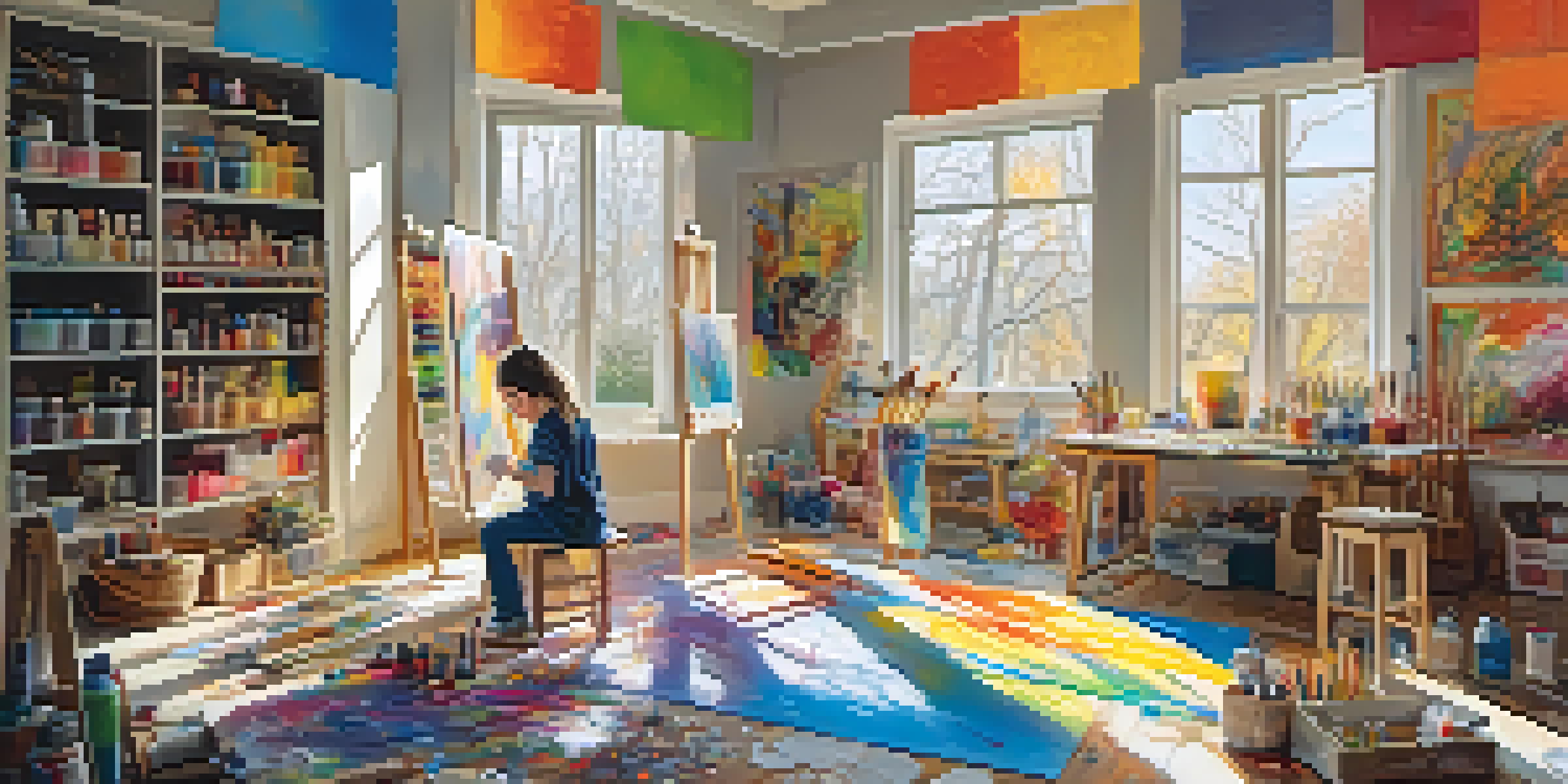 A colorful art studio with a child finger painting on a canvas, surrounded by art supplies and sunlight streaming in.
