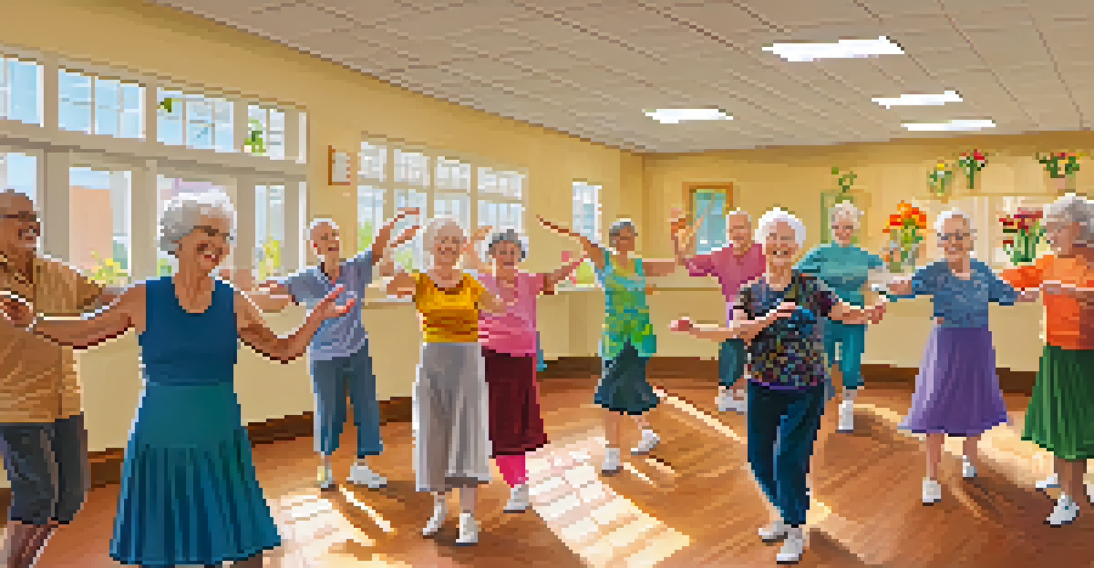 Older adults participating in a lively dance class, smiling and following an instructor in a bright community center.