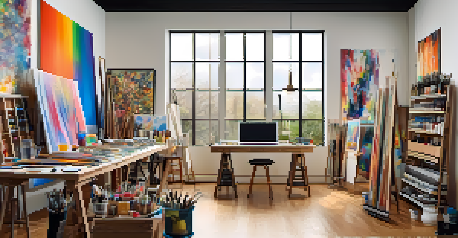 An art studio with traditional and digital art supplies, featuring an abstract painting in progress.