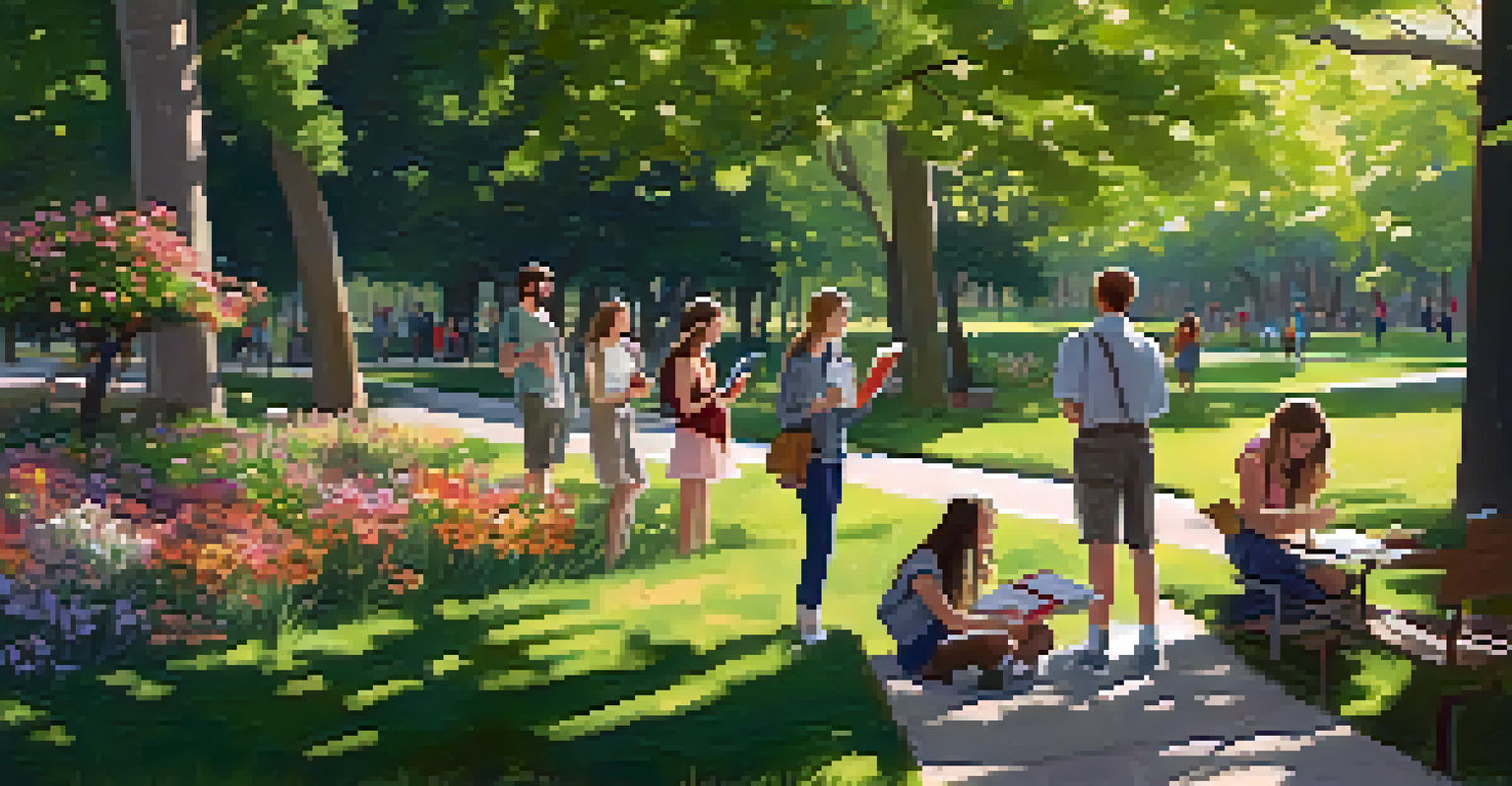 A group of friends enjoying an art scavenger hunt in a park, surrounded by flowers and trees, laughing and sketching.