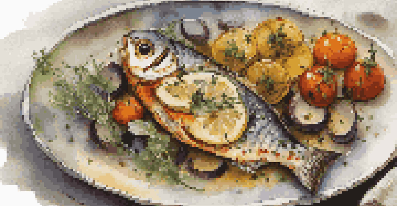 A Mediterranean dish of grilled fish with herbs and roasted vegetables, elegantly arranged on a plate.