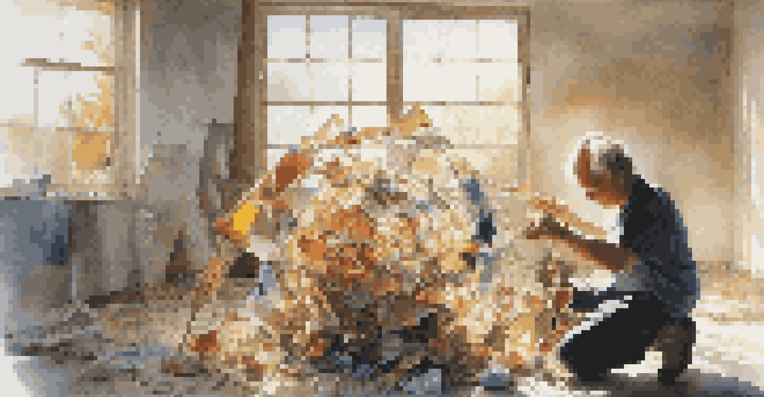 An artist assembling a sculpture made from recycled materials in a bright studio filled with natural light.