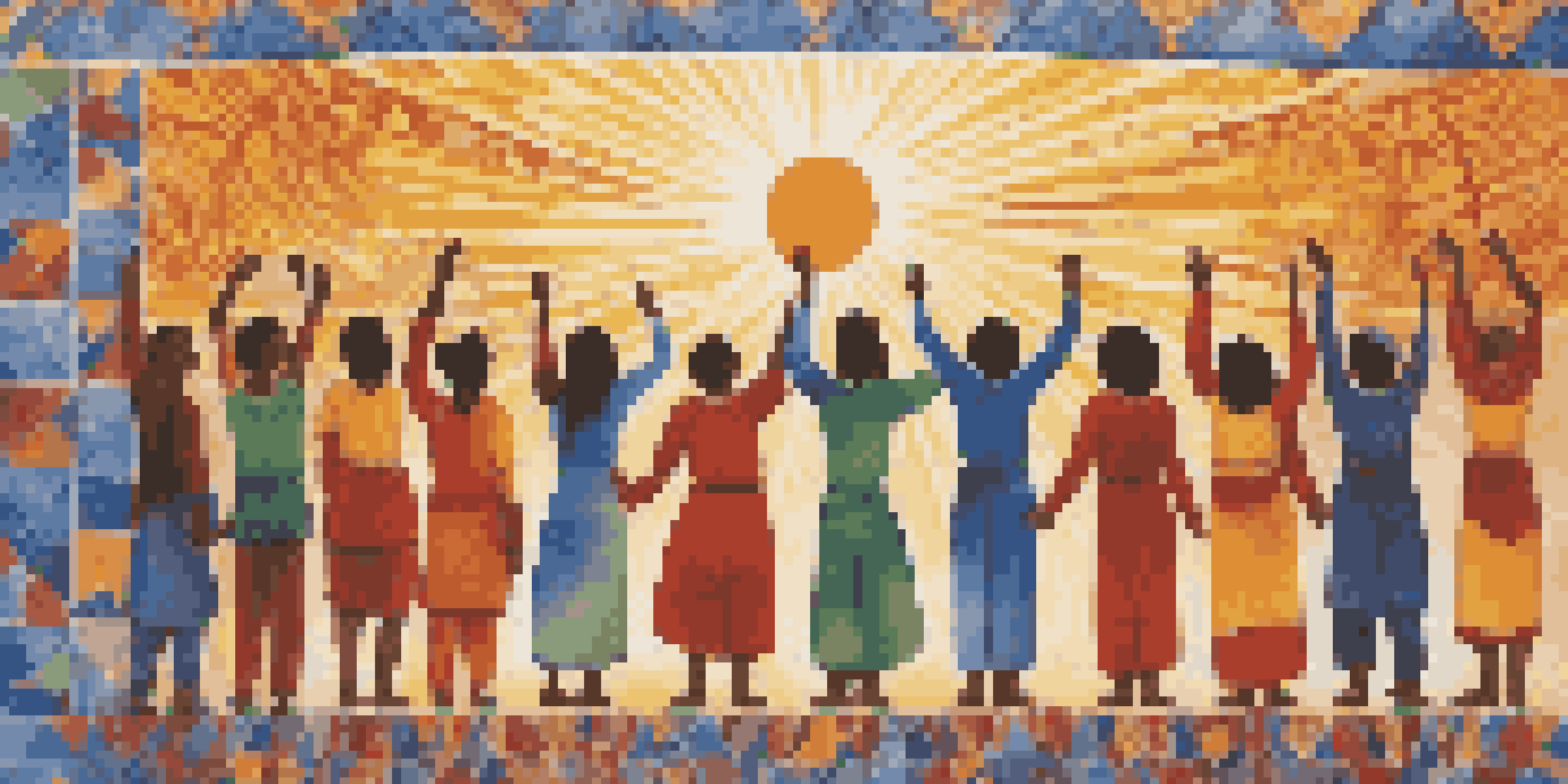 A colorful mural showing diverse individuals holding hands, representing unity in resistance.