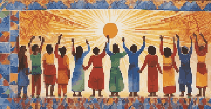 A colorful mural showing diverse individuals holding hands, representing unity in resistance.