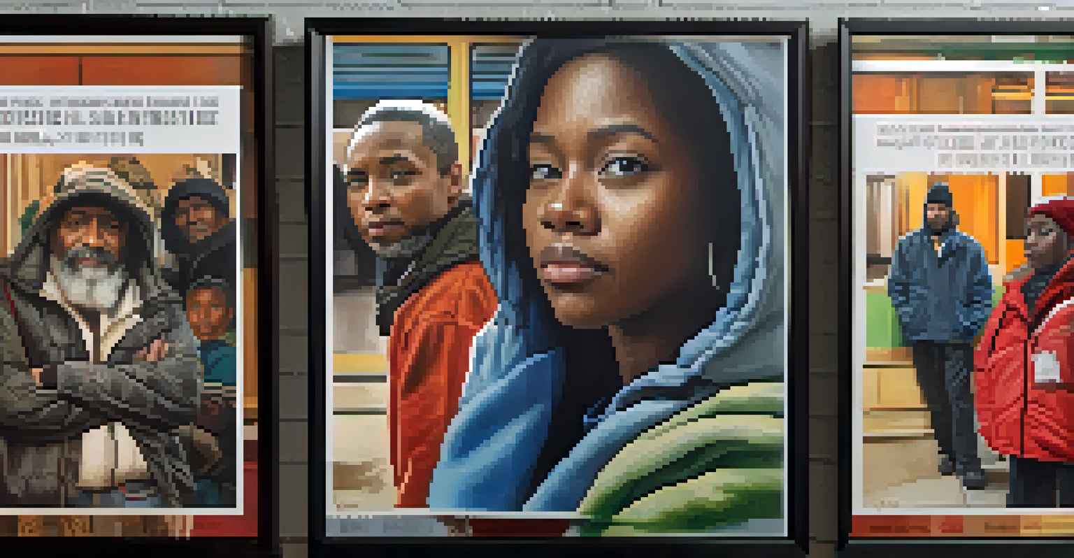 Four posters depicting individuals from a community overcoming homelessness, with personal stories alongside their portraits. Warm lighting and varied backgrounds convey emotions of hope and struggle.